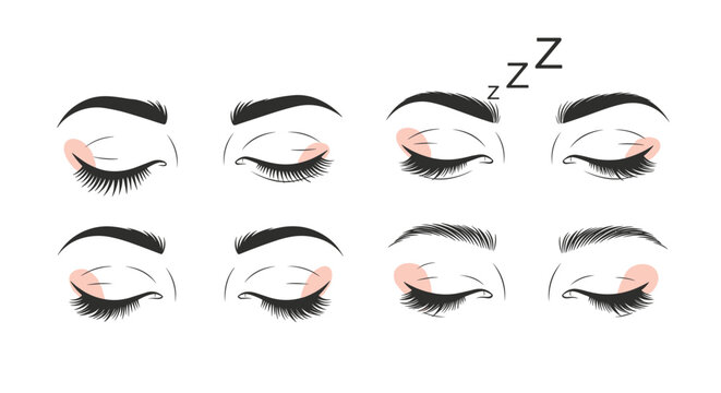 set of different closed female eyes with long dark eyelashes and pink makeup highlights showing sleep and relaxation for beauty and skincare.