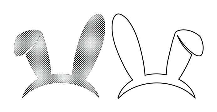 Minimalist bunny ears vector set, cute rabbit ear headbands in outline and halftone patterns, decorative Easter holiday graphic elements
