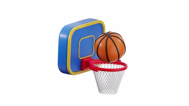 Basketball teetering on colorful hoop rim displays suspense and motion. Perfect for sports, teamwork, competition, and fitnessthemed designs.
