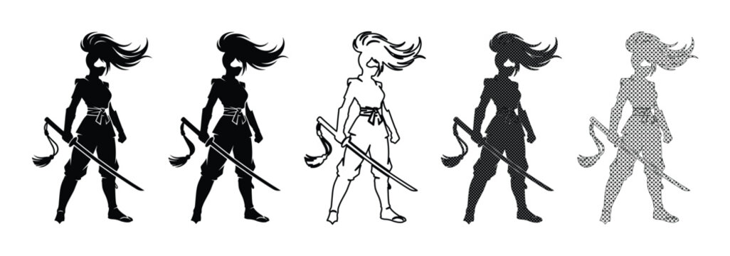 Female ninja warrior silhouettes set, 5 martial arts assassin vector characters with katana sword, black and white fighter icons for game design
