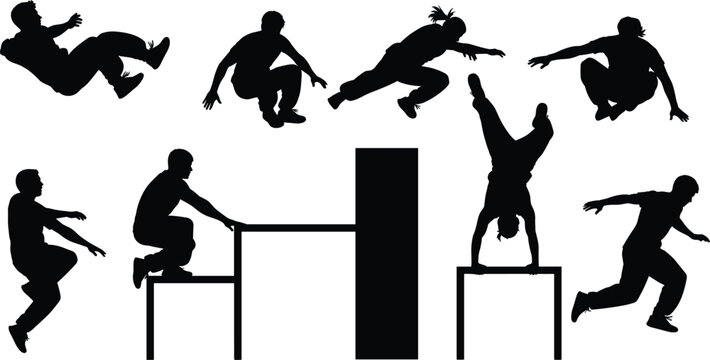 Parkour athlete silhouettes performing dynamic jumps, flips, vaults and handstands over obstacles isolated for urban fitness training and action design