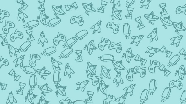 Light blue video game controllers and rockets in a vibrant and playful composition, ideal for gamingrelated designs and projects.