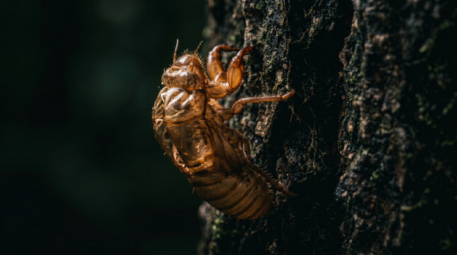 Empty Cicada Exoskeleton Clinging to a Rough Tree Bark Texture