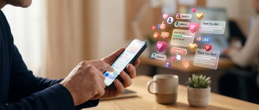 Man using smartphone with social media notifications floating above screen on wooden desk with coffee cup and plant