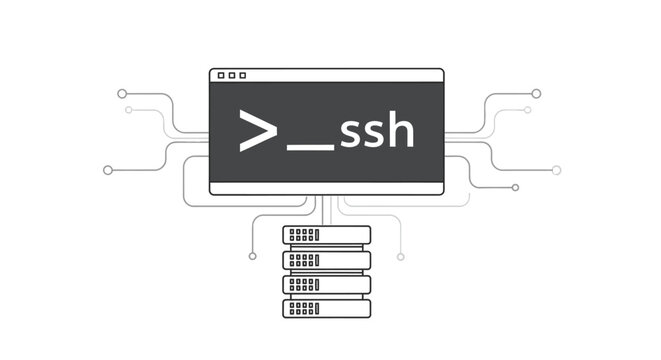 Line drawing of a computer screen with ssh protocol symbol connected to servers on a white background with a technical mood.