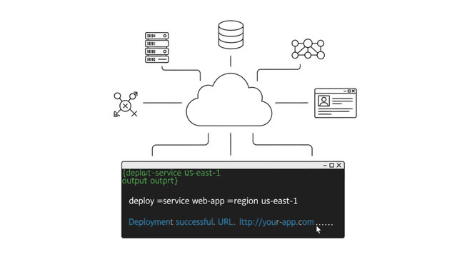 Line drawing of a cloud computing concept with server, database, and network icons connected to a central cloud symbol on a white background with a code snippet below.