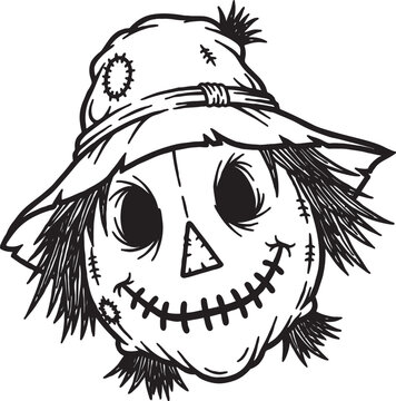 Spooky scarecrow head graphic illustration with stitched fabric face straw hair worn hat for halloween rag doll bird deterrent scarecrow halloween stitched countryside seasonal