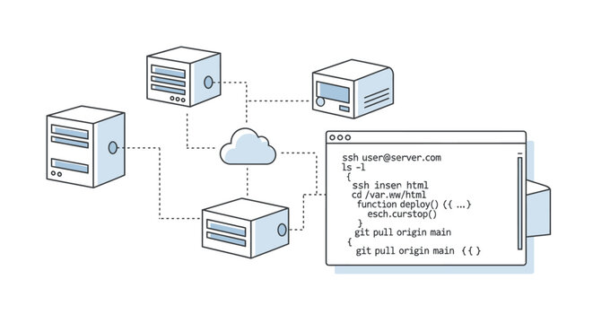 Diagram of a computer network with servers connected to a cloud storage system and a code editor window displaying lines of code on a white background with a technical and informative mood.