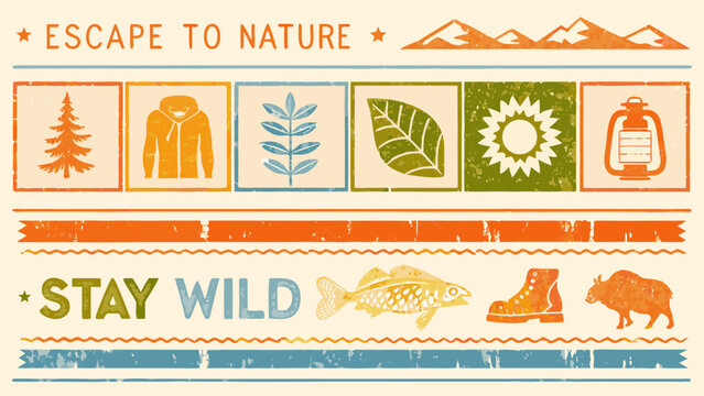 vintage style nature badge illustrations with pine tree bear leaf sunflower lantern fish boot and bison high quality