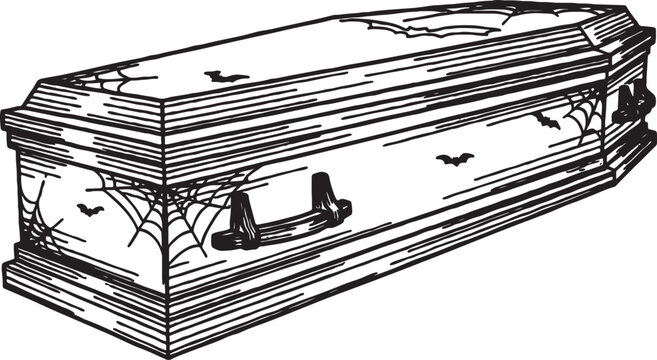 Detailed black and white sketch of a closed wooden coffin decorated with spider webs and small bat silhouettes halloween cemetery afterlife decoration illustration isolated mourning