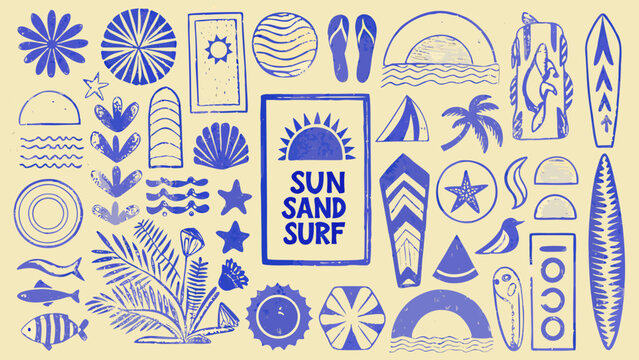 Collection of hand drawn blue summer icons and shapes on a pale yellow background high quality professional detailed