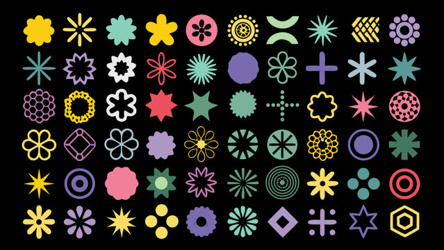 collection of colorful floral and geometric shapes arranged in a grid on a black background high quality professional