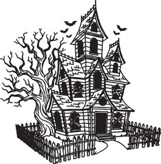Naklejka premium Spooky haunted house mansion with dead tree and bats line art for halloween building architecture victorian abandoned derelict tradition branches coloring illustration