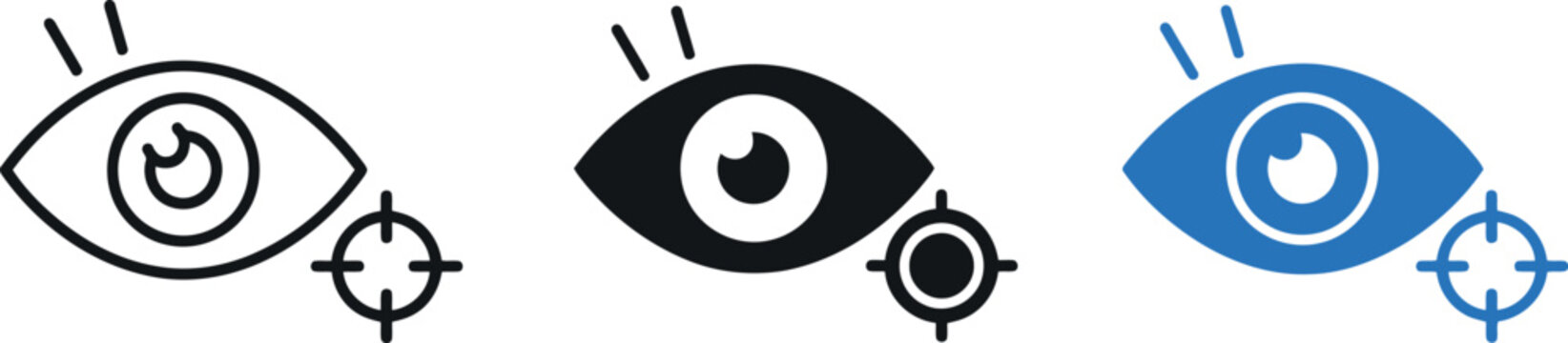 Eye tracking icon set in outline, filled, and blue color styles for vision technology and biometric identification