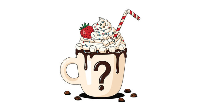 Mug of delicious hot cocoa is topped with a mountain of whipped cream, colorful sprinkles, a whole strawberry, and marshmallows.