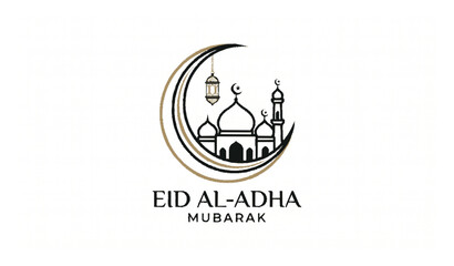 Obraz premium Eid al Adha logo crescent moon mosque and lantern elegant Islamic festival vector design