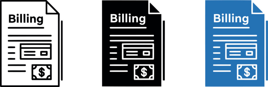 Billing invoice icon set in black, white, and blue for finance, accounting, and payment applications