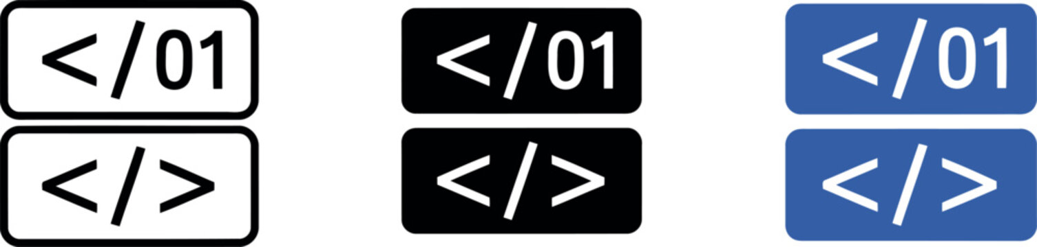 Minimalist Code Icon Set in Black and Blue for Web Development and Programming Interfaces