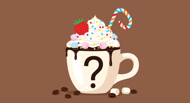Delicious hot chocolate drink is served in a mug with whipped cream, colorful sprinkles, a strawberry, and a striped candy cane.