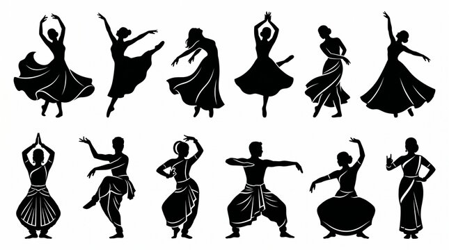 Set of silhouettes of classical and traditional indian dancers