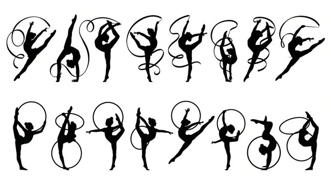 Set of silhouettes of rhythmic gymnasts with ribbon and hoop isolated on white background