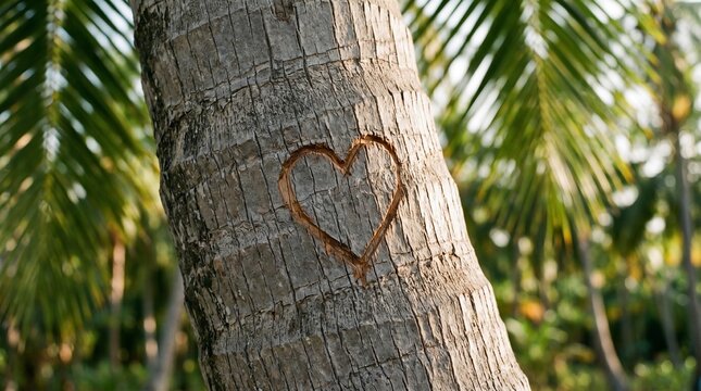 A heart carved into weathered palm bark suggests a permanent, sun-drenched scar of affection. It&rsquo;s a bittersweet metaphor for love etched into the fleeting beauty of a tropical paradise.