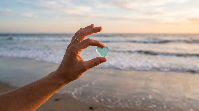 A hand holds a frosted sea-glass heart against a sunset tide. It symbolizes a fragile love, weathered by life's waves into something smooth, translucent, and precious found amidst the vastness.