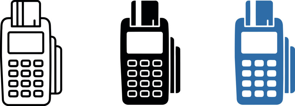 POS Terminal Icons Set with Credit Card Payment in Black and Blue Vector Illustration