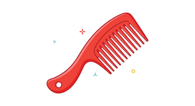 Bright red plastic hair comb with handle and wide teeth isolated on white background with decorative geometric shapes around it.