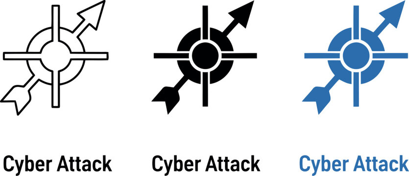 Cyber Attack Icon Set &ndash; Outline, Solid, and Blue Variations for Security and Technology Concepts