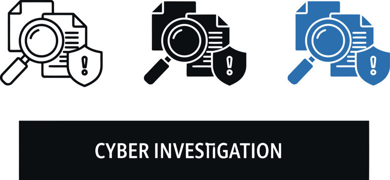 Cyber Investigation Icon Set with Magnifying Glass, Documents, and Security Shield for Digital Forensics