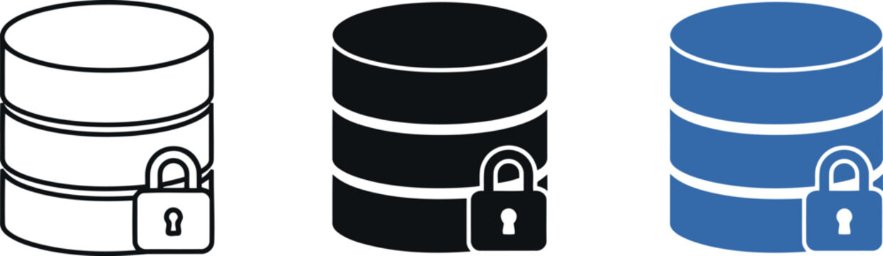 Secure database icon set with padlock symbol for data protection and cybersecurity concepts