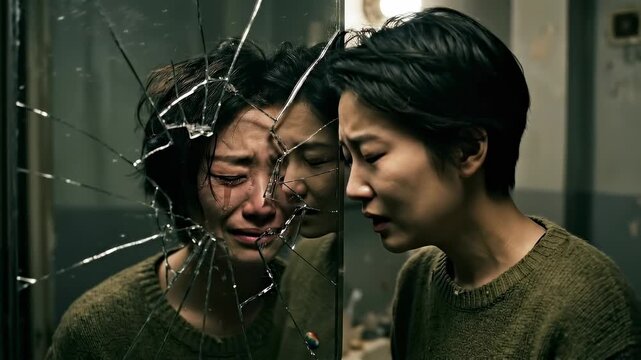 A woman's distress is reflected in a shattered mirror, symbolizing inner turmoil and pain, a powerful visual narrative of emotional fracture.