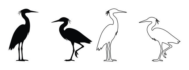 Heron silhouette vector set, elegant crane bird line art collection, minimalist black and white egret icons, standing water bird graphics © Asma