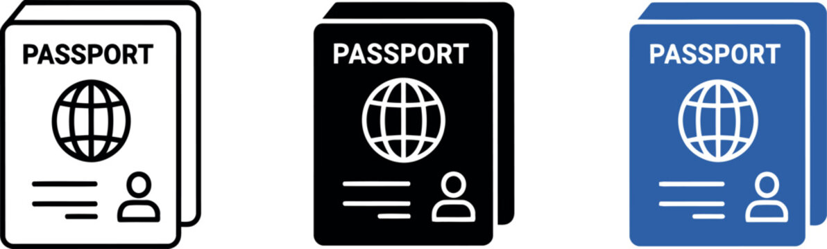 Passport icon set in black, white, and blue for travel documents and identification concepts