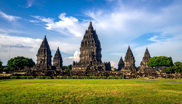 Ancient, ornately carved towers rise over a field, under a dynamic sky filled with fluffy clouds