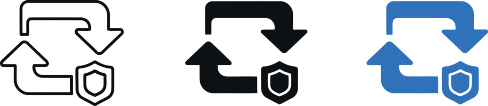 Data protection and security shield icon set with synchronization arrows in outline, solid, and blue styles