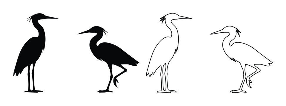 Heron silhouette vector set, elegant crane bird line art collection, minimalist black and white egret icons, standing water bird graphics