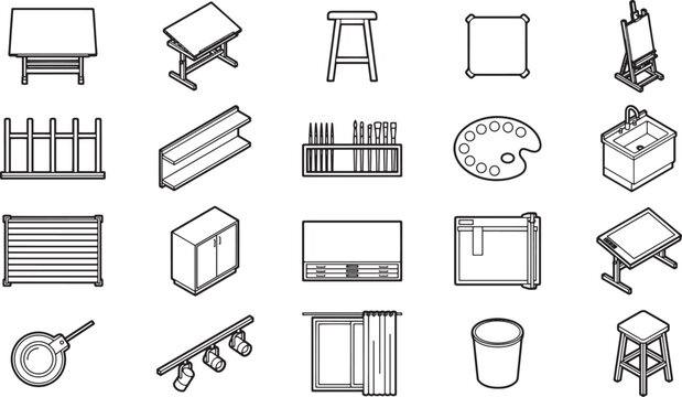 A collection of graphic tools displayed in an illustrative manner, featuring various equipment such as drawing table,stool, easel, and more.