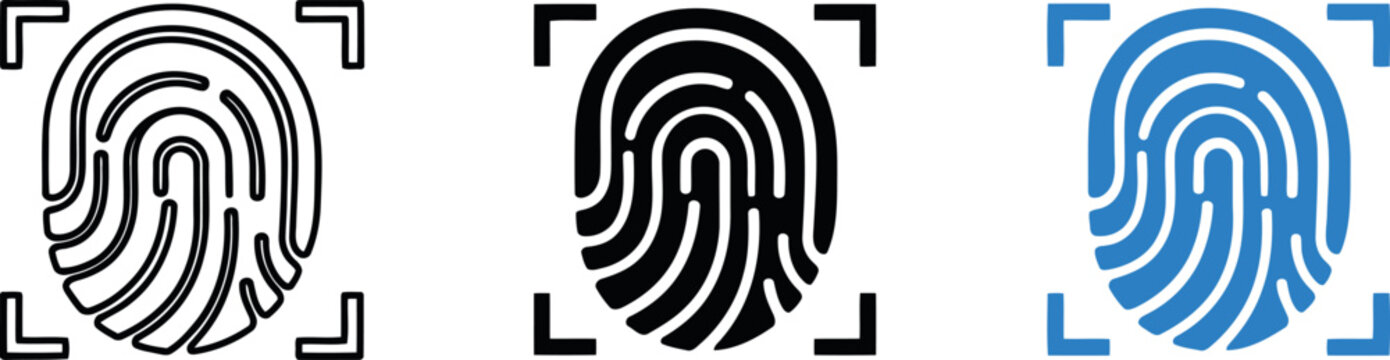 Fingerprint Icon Set in Black and Blue for Security, Identification, and Biometric Authentication