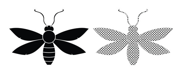 Minimalist moth silhouette set, black insect icons with halftone pattern, 2 vector moth elements for logo design and nature branding © Asma