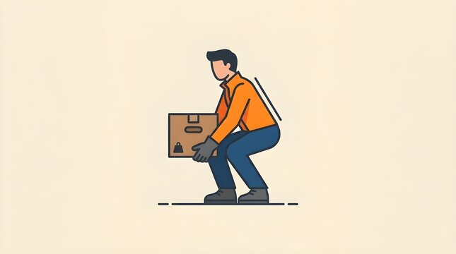 Ergonomic lifting technique concept with worker carrying heavy box correctly to prevent back injury
