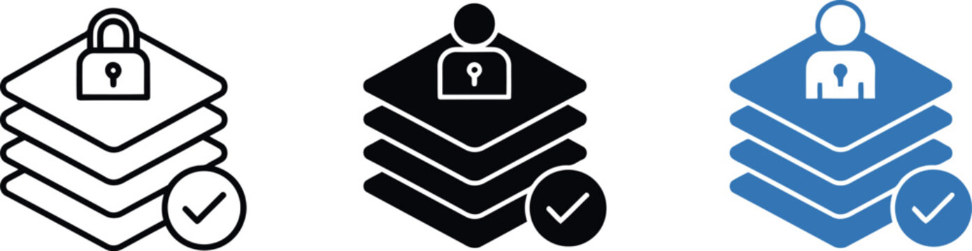 Data security icon set with lock, layers, and checkmark in outline, solid, and blue styles for cybersecurity