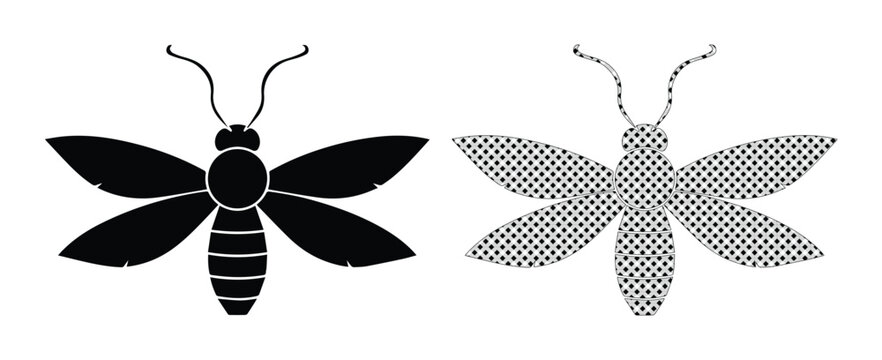 Minimalist moth silhouette set, black insect icons with halftone pattern, 2 vector moth elements for logo design and nature branding