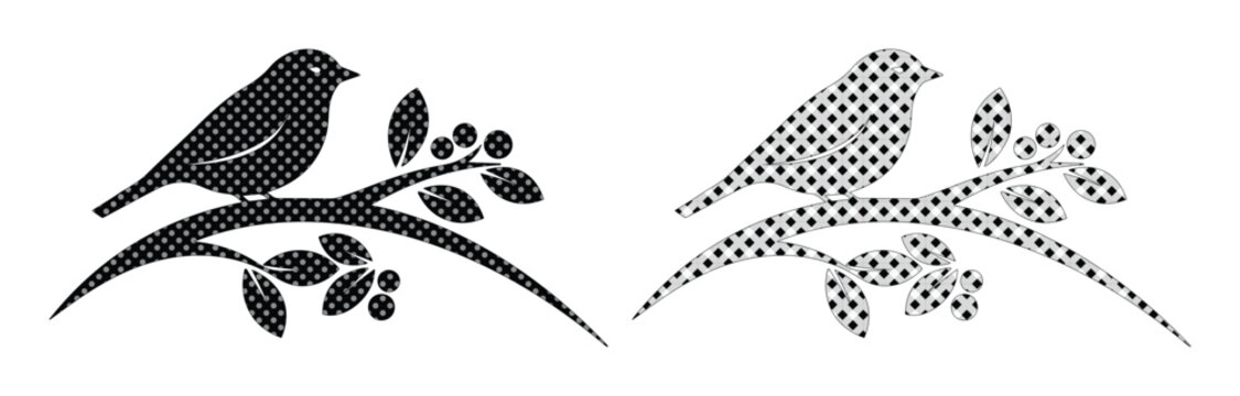 Vintage bird silhouette on tree branch, black songbird with berries and leaves, decorative nature vector element with halftone texture