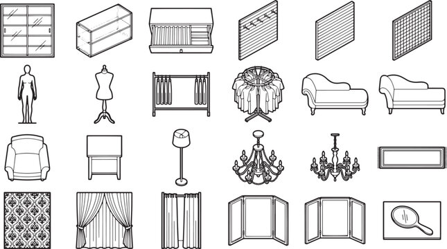 An array of stylish interior design elements, depicted through a series of line art illustrations, ready to bring your design ideas to life.