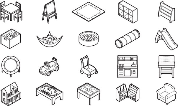 A collection of simple vector images of children's play area items in black and white, perfectly suited for educational and playful designs.