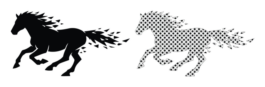Galloping horse silhouette with dispersion effect, black stallion vector icons, running mustang with geometric pixel disintegration, equine sports logo