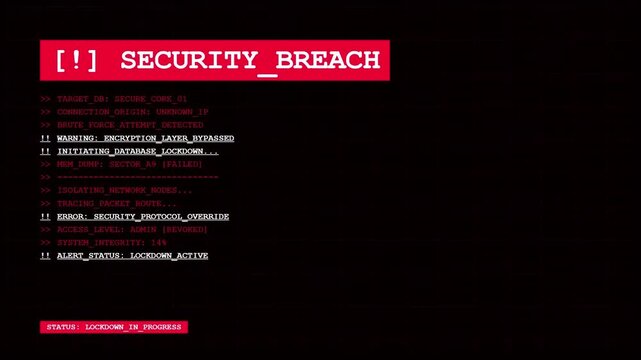 Futuristic Security Breach Alert HUD with Red Digital Warning Text and Cybersecurity Hacking Attack Database Lockdown Monitoring Interface.