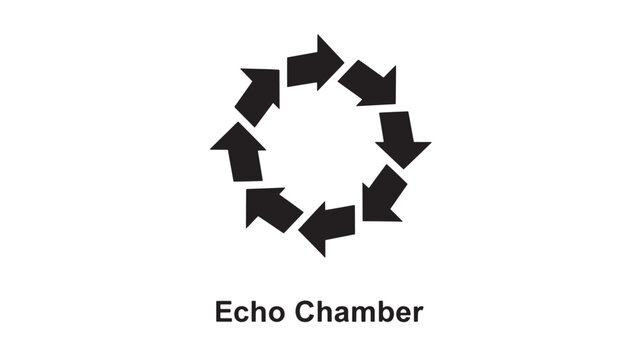 Minimalist vector illustration showing a circular pattern of arrows representing sound waves in an echo chamber concept.